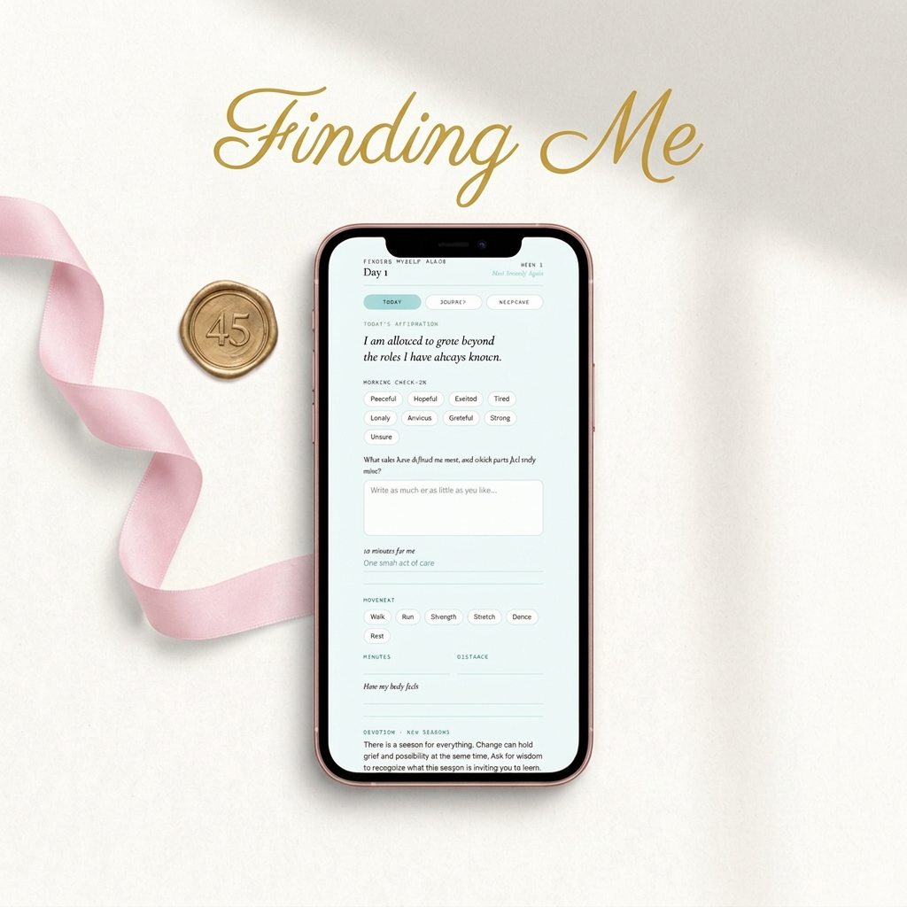 Finding Me journal open on a phone with a pink ribbon and gold 45 seal